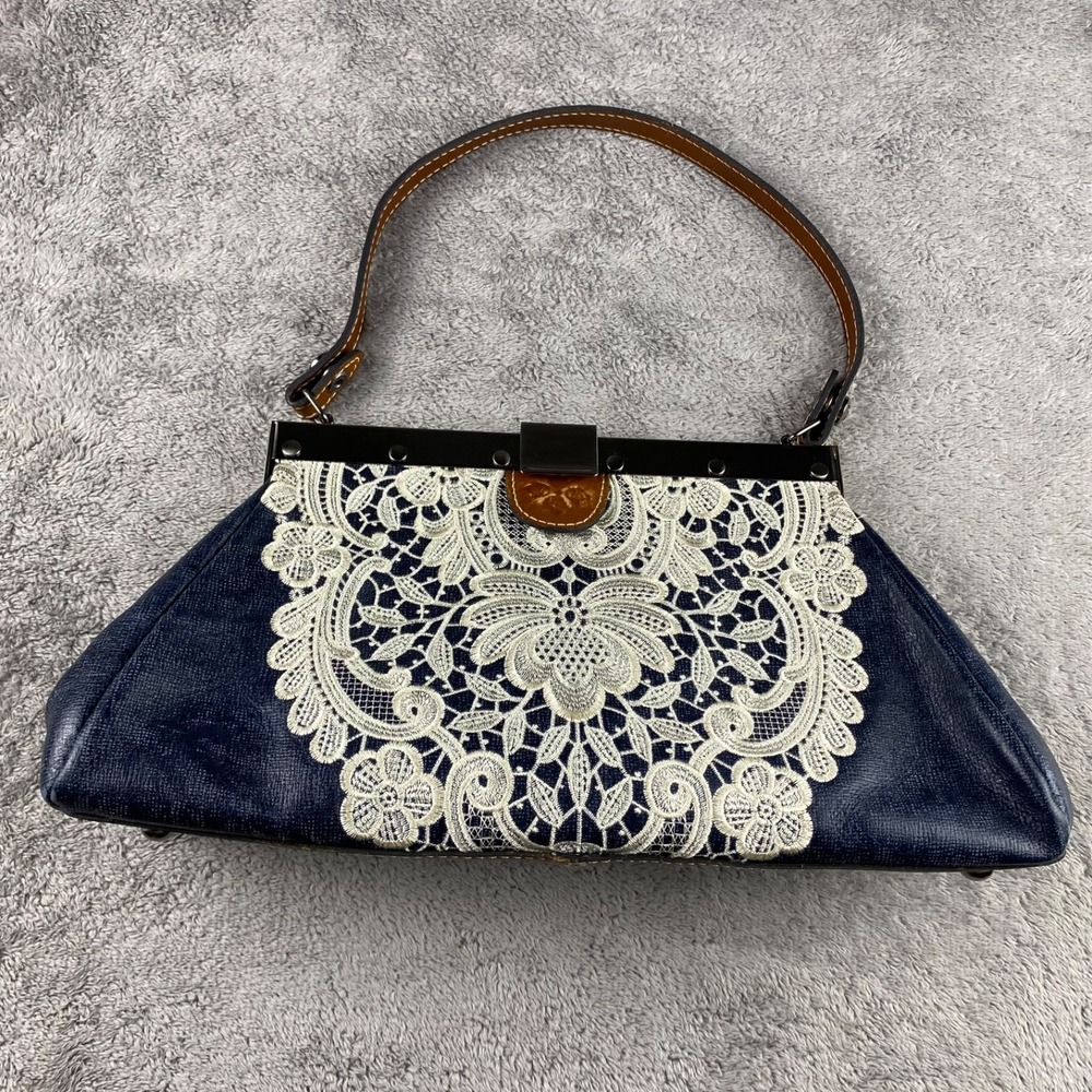Patricia Nash Leather Purse Deep Blue White Floral Pattern Womens